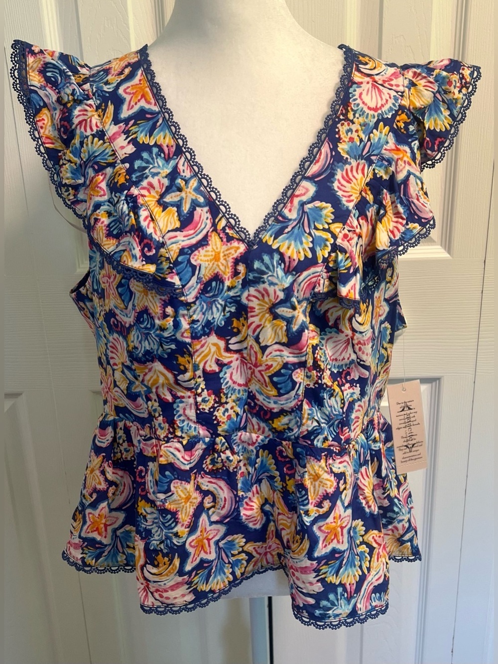 Nanette Lepore Blue Floral Ruffle Peplum Blouse